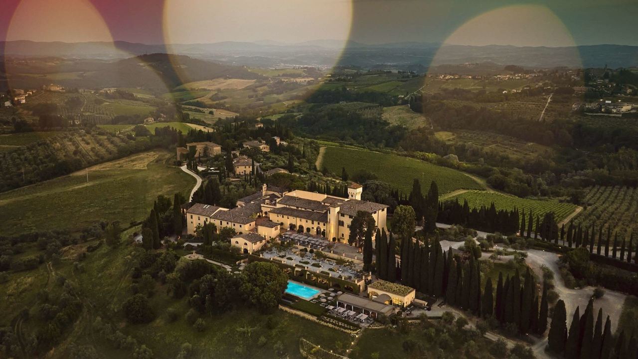 Castello del Nero and its gardens from the air, among the Chianti hills
